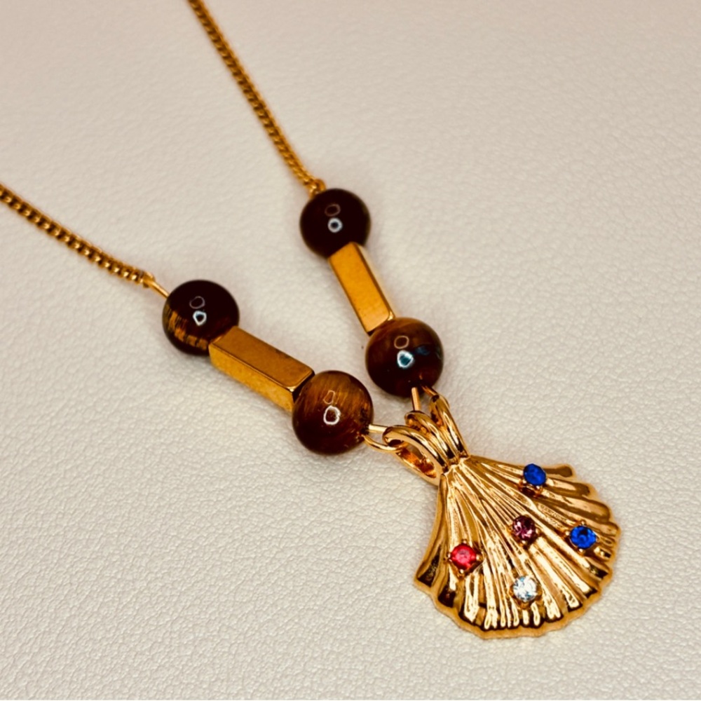 Colorful CZ Shell Pendant Natural Stone Beads Gold Dainty Necklace